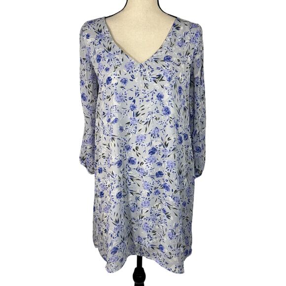 Lulus Medium Shifting Dears Mini Dress Floral Lined V-Neck 3/4 Sleeve Light Blue - Picture 1 of 11